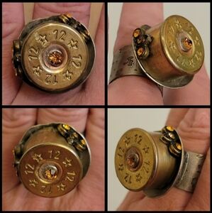 Brass 12 guage Shotgun shell star graphics citrine rhinestone adjust ring NWT